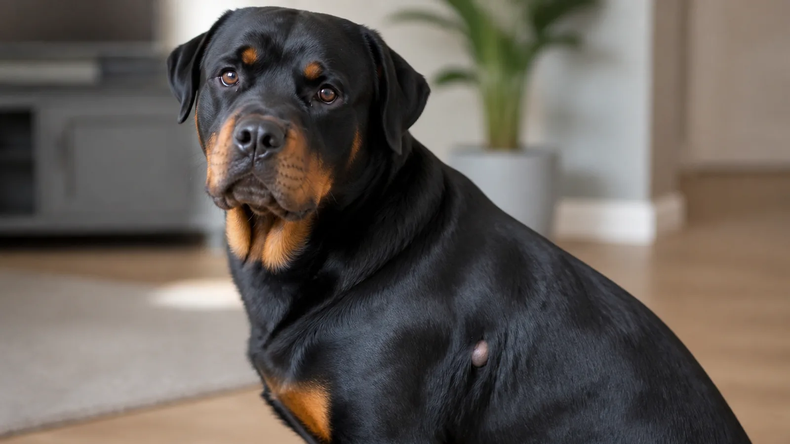 Rottweiler sitting calmly indoors, with a subtle skin lump visible on its side or shoulder.