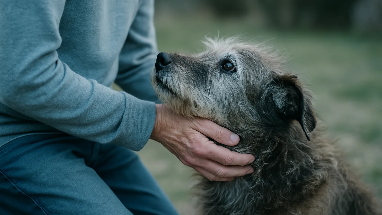 Senior dog with a gray muzzle looking up while a kneeling person gently cradles its chin outdoors