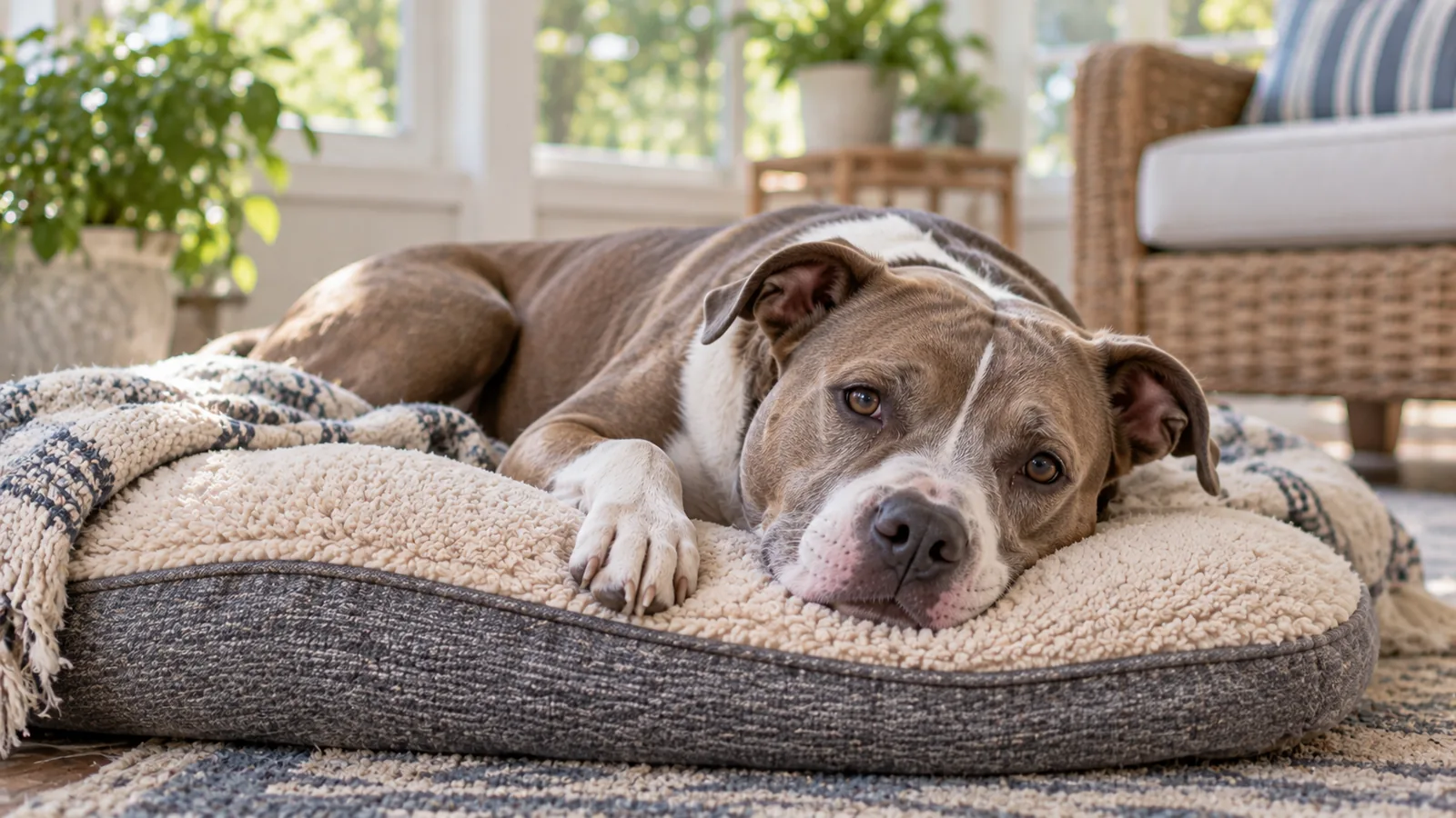 A brown and white pit bull type dog resting its head on a plush dog bed in a sunlit living room
