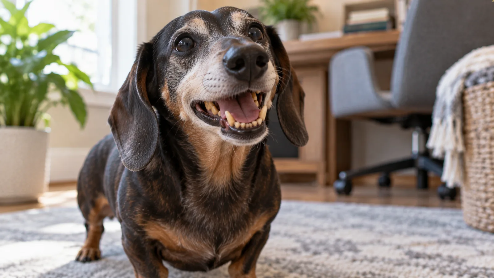 A grey-muzzled dachshund looking up with its mouth open, showing worn, tartar-stained teeth.